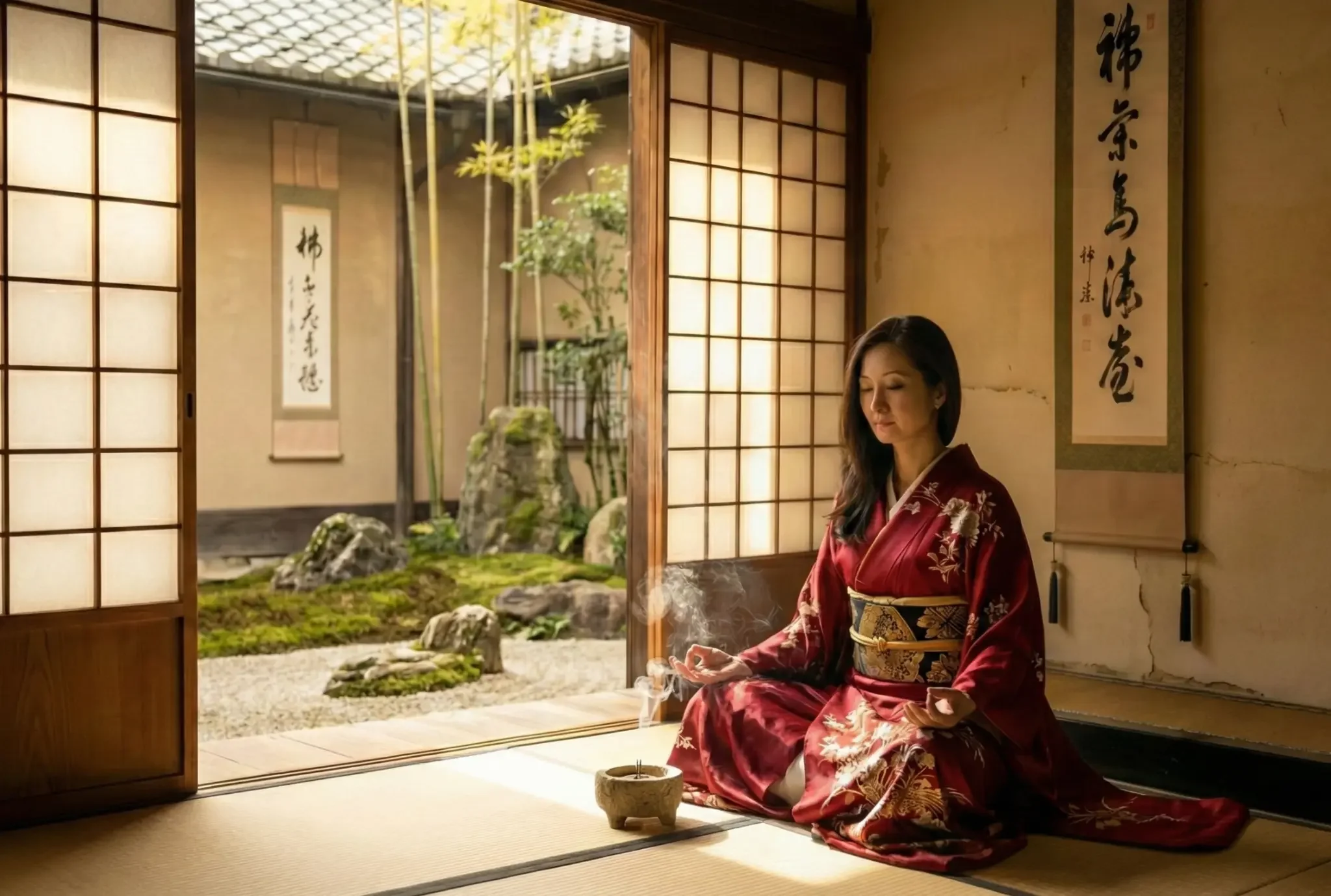 Personne en méditation portant un kimono - Pratique spirituelle et transformation consciente